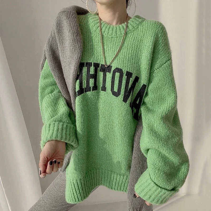 

Autumn and Winter Women Loose Oversized Sweater Letter Knitted Pullovers O Neck Korean Fashion Candy Color Sweater Pullovers for