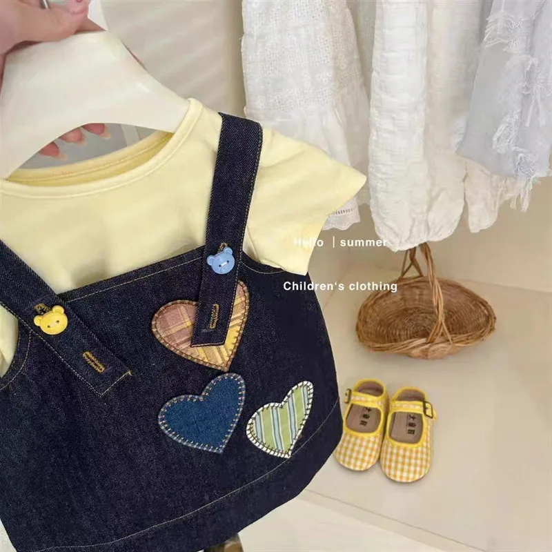

Girls' Denim Dress Summer New Fashionable Sleeveless Dress for GirlsTT-shirt Two-Piece Sett