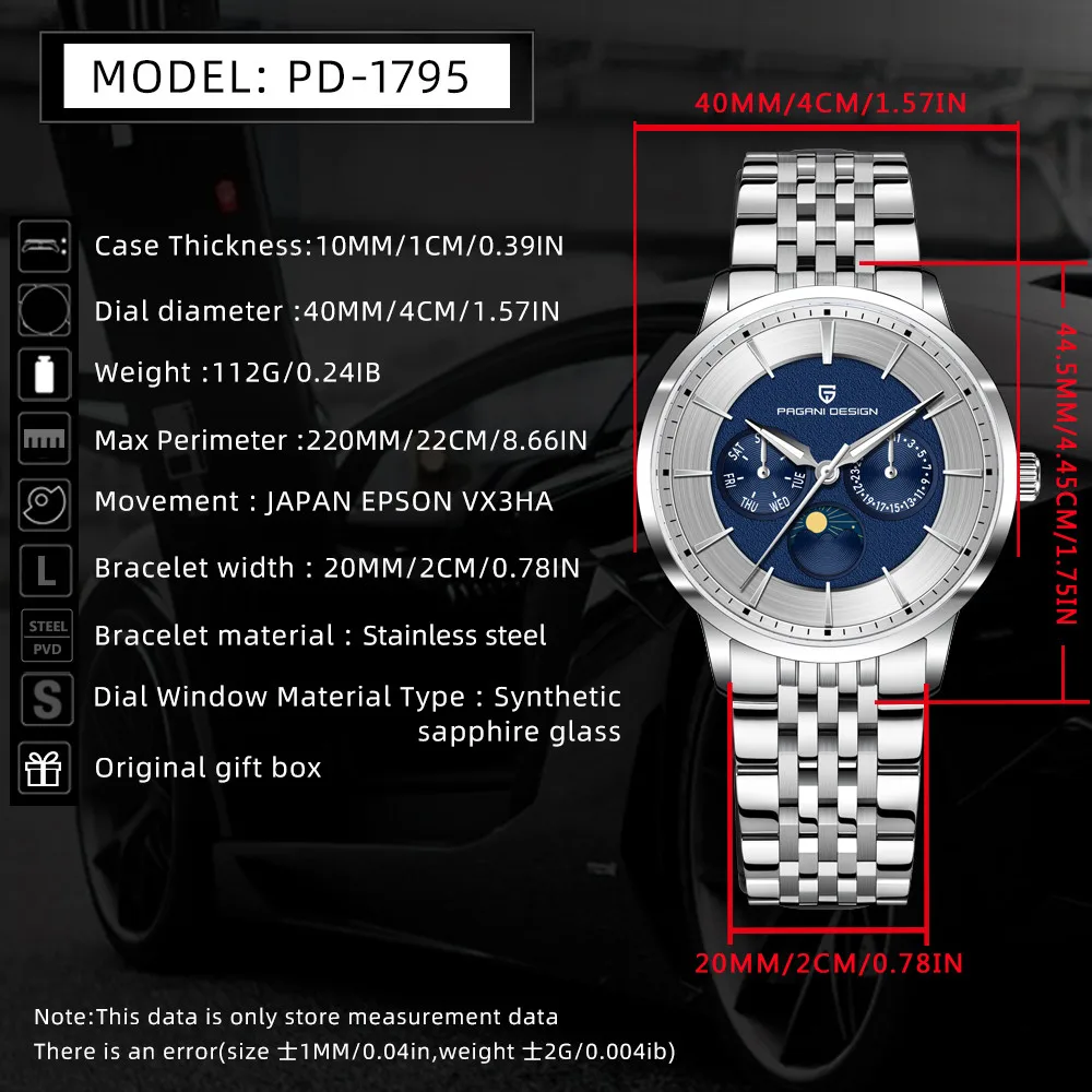 2025 Pagani Design ساعة كوارتز رجالية جديدة Moonphase للأعمال 100 متر مقاومة للماء من زجاج الياقوت ساعة كوارتز متعددة الوظائف للرجال