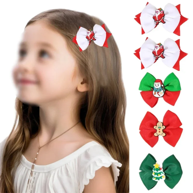 Oaoleer 2PCS Christmas Hair Bow Clips Cute Grosgrain Ribbon Bow Hairpins for Child Girls Santa Claus Barrettes Hair Accessories