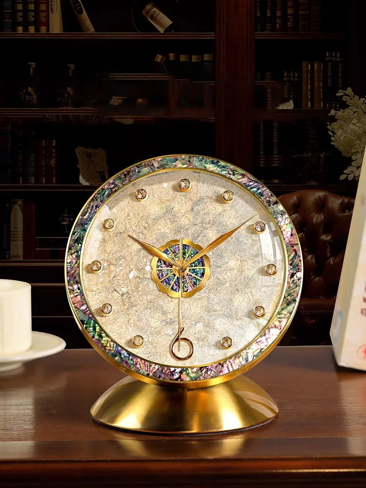 

8 Inch Alloy Silent Table Clock with Natural Abalone Shell – Luxury Decorative Desk Clock for Living Room & Office