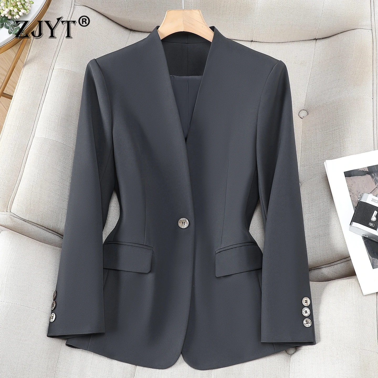 ZJYT Autumn Winter Women's Jackets and Coats 2026 New Koreasn Style Fashion Long Sleeve Plus Size Outerwears V Neck Blazer Femme