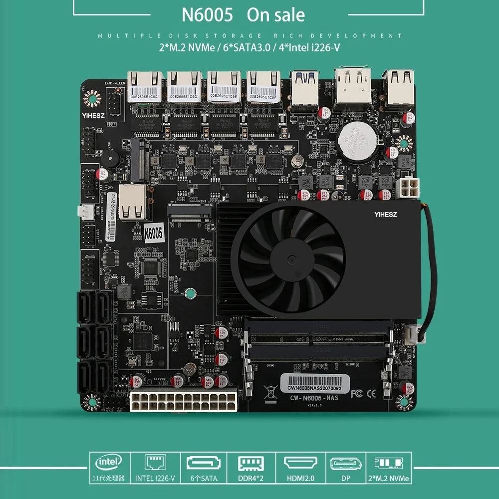 N6005 NAS Board Industrial Motherboard NAS Motherboards 4 Cores 4 Threads Processor 4x2.5G i226 Network 2 M.2 NVMe Slot 6xSATA