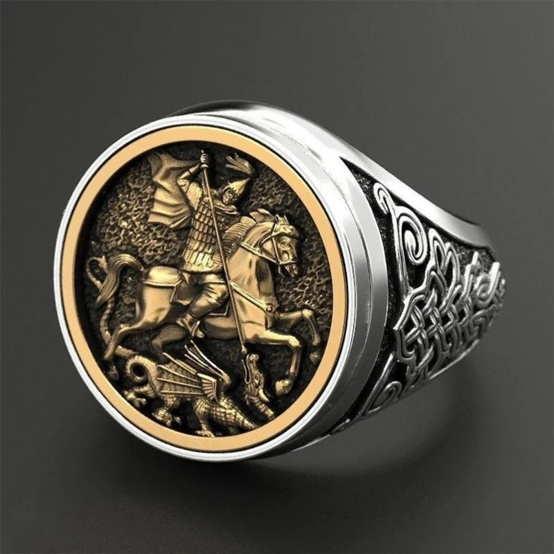 Retro Style Alloy Ring Saint George Portrait Roman Soldier Ring Jewelry Vintage Rings Promise for Husband Birthday Gifts