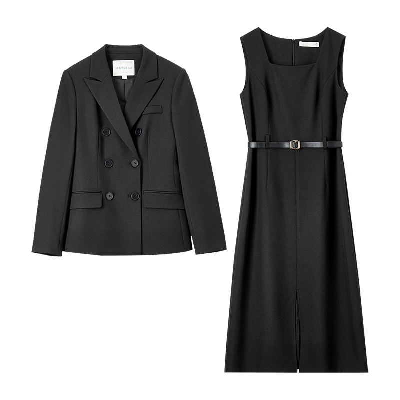SENTUBILA Blazer Dress Suit Elegant Autumn 2025 Woman Long Sleeve Lapel Collar Coat Vest Sashes Dress Ladies Sets 151Z80054Z