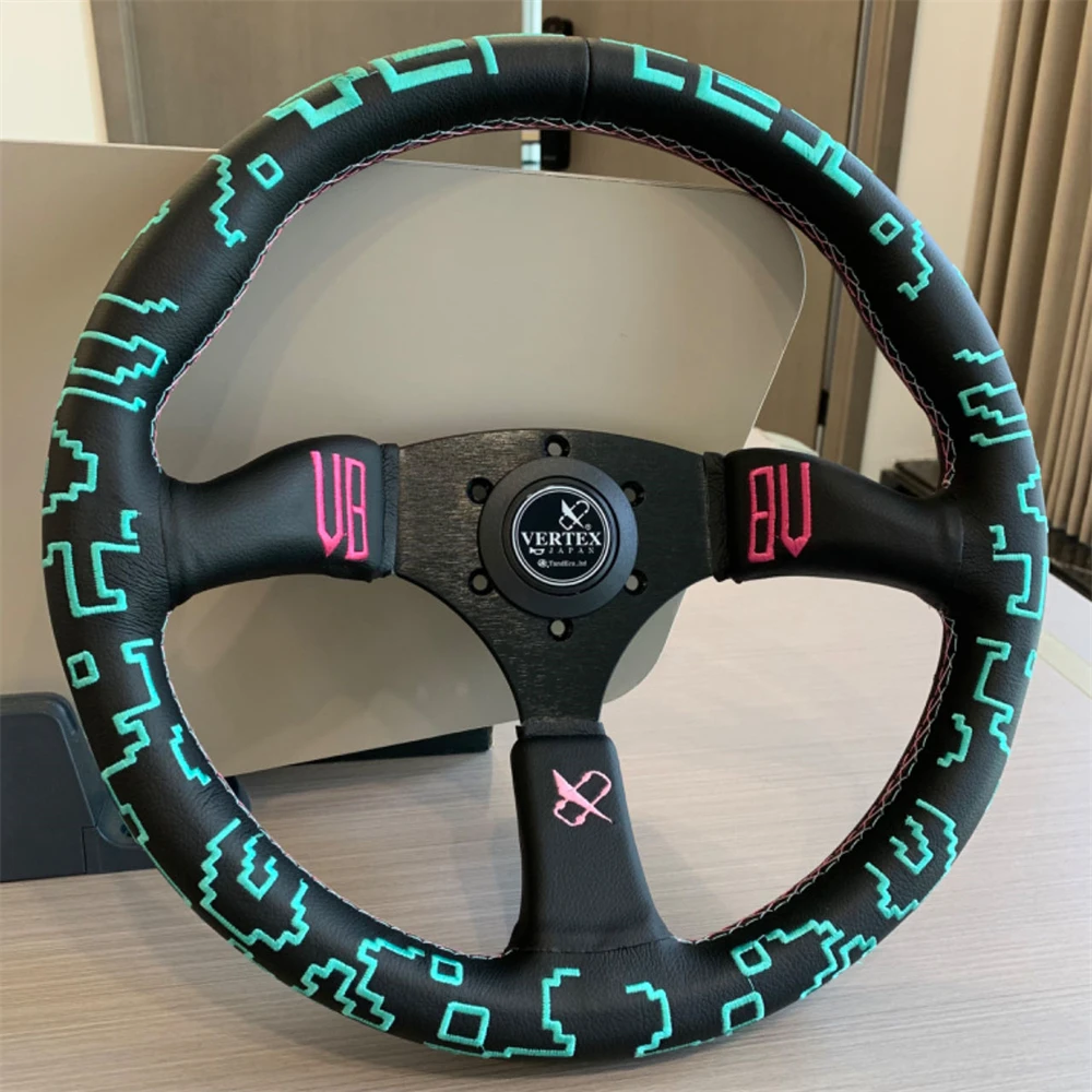 Kierownica sportowa Vertex 14 cali 350 Universal Racing Green Embroidery Black Leather Deep Dish Tuning