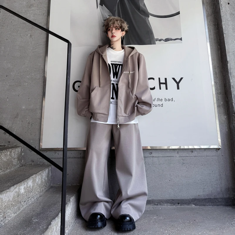 

2025 New Men's Casual Sportswear Set American Sle Knife Wide Leg Pants Hooded Open Cardigan Sweatirt Two-Piece Set