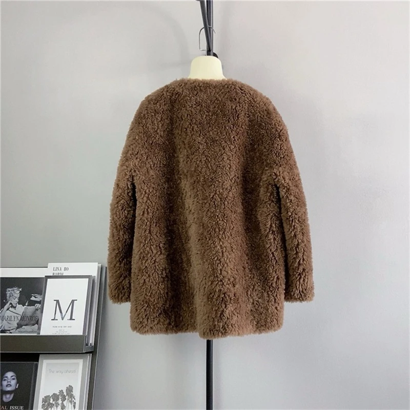 Women Real Lamb Hair Fur Coat Women Sheep Shearling Warm Mid-Length Round Neck Jacket  PT433