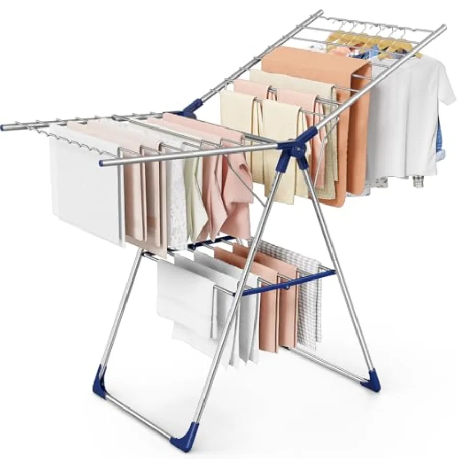 

Clothes Drying Rack with Height-Adjustable Wings Metal Foldable Laundry Dryer Stand for Clothing Bedding Free-Standing Collapsi
