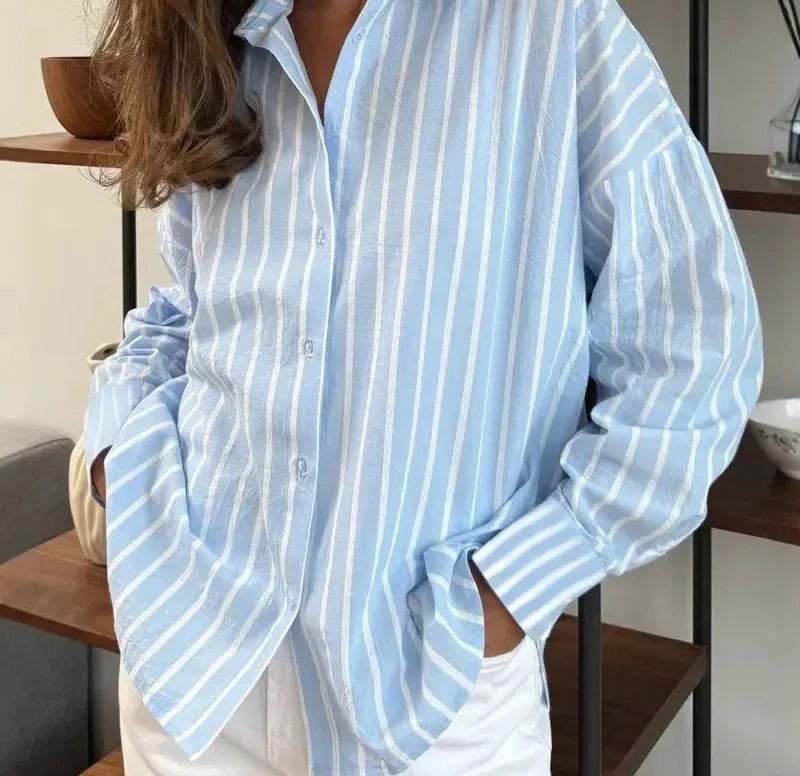 

Women's Striped Open Neck Cardigan Long Sleeve Comfortable Fit Chinese Style Top Fashionable Autumn Wear Regular Length Shirt