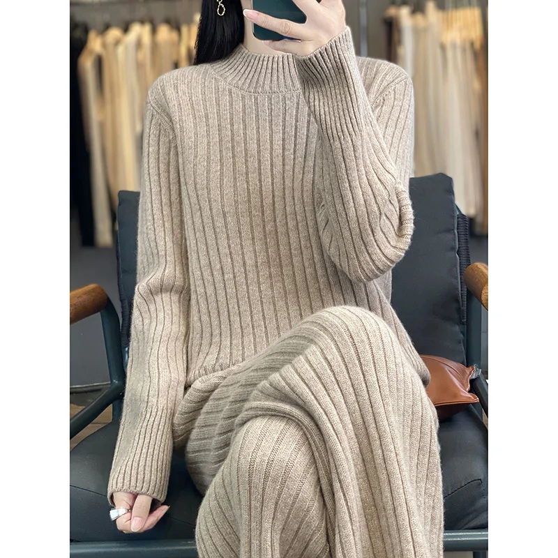 

Women's Wool Sweater Set Mock Neck Pullover Striped Wide-leg Pants 100% Merino Wool Knitwear Autumn Winter Thick Loose Clothing