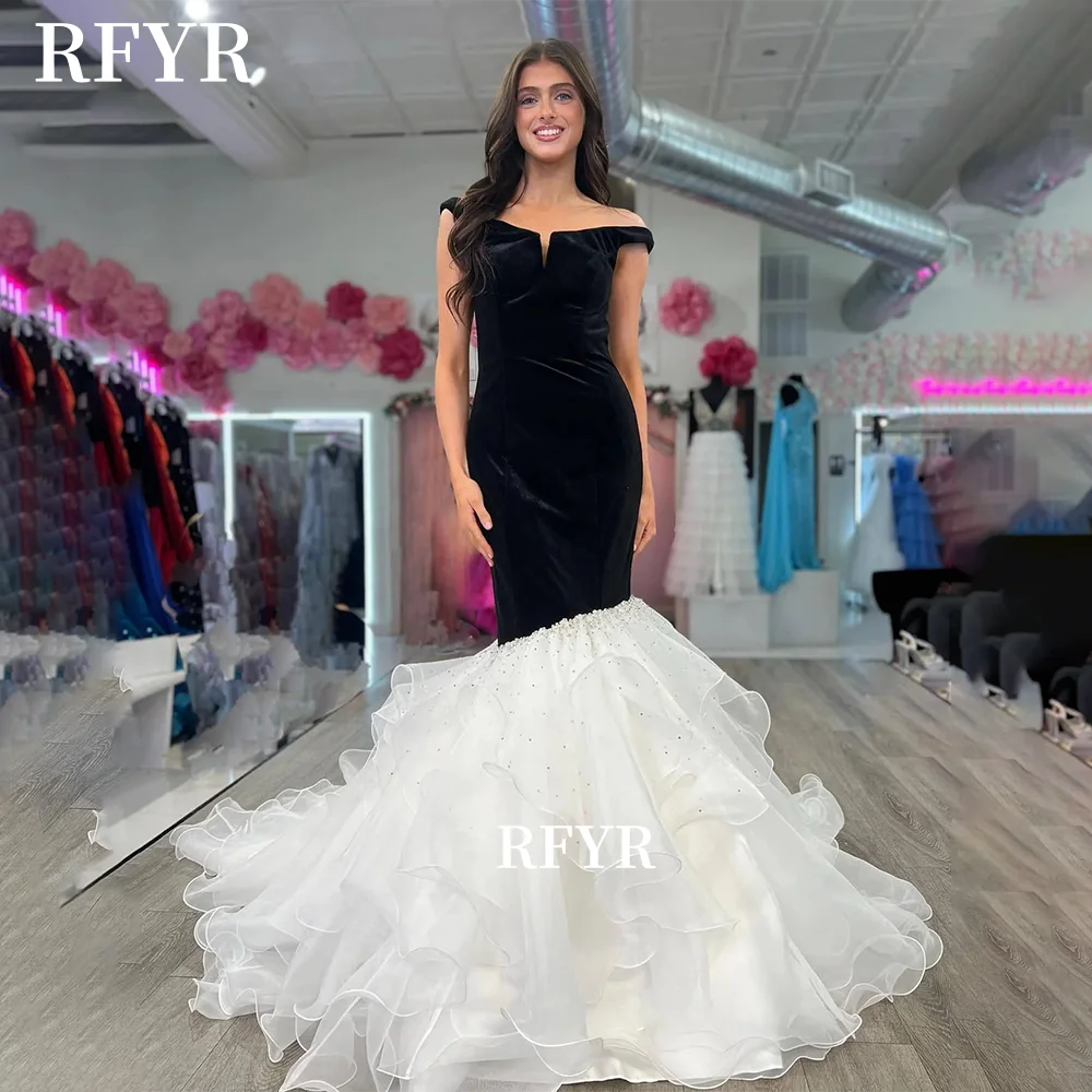 

RFYR Mermaid Prom Dress Velvet Off Shoulder Party Dress Multilayers Evening Dress Celebrity Dress for Arabic Women Customized