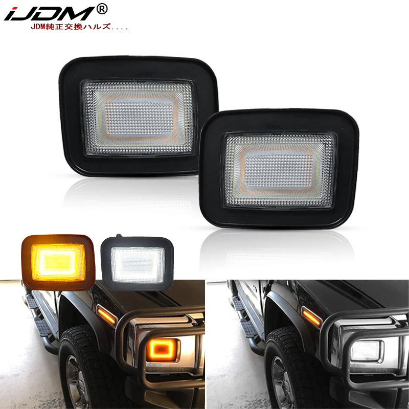 2pcs Switchback Amber Yellow LED Front Turn Signals Lamp For 2005-2009  Hummer H2 SUT Xenon White LED as Daytime Running Lights