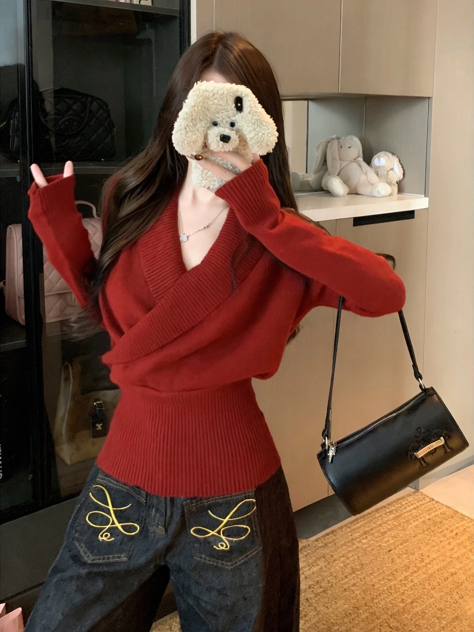 

Ele V-Ne Long Sve вязаный свитер, женский осенне-зимний утягивающий универсальный шикарный топ, повседневный дизайн с облегающей талией