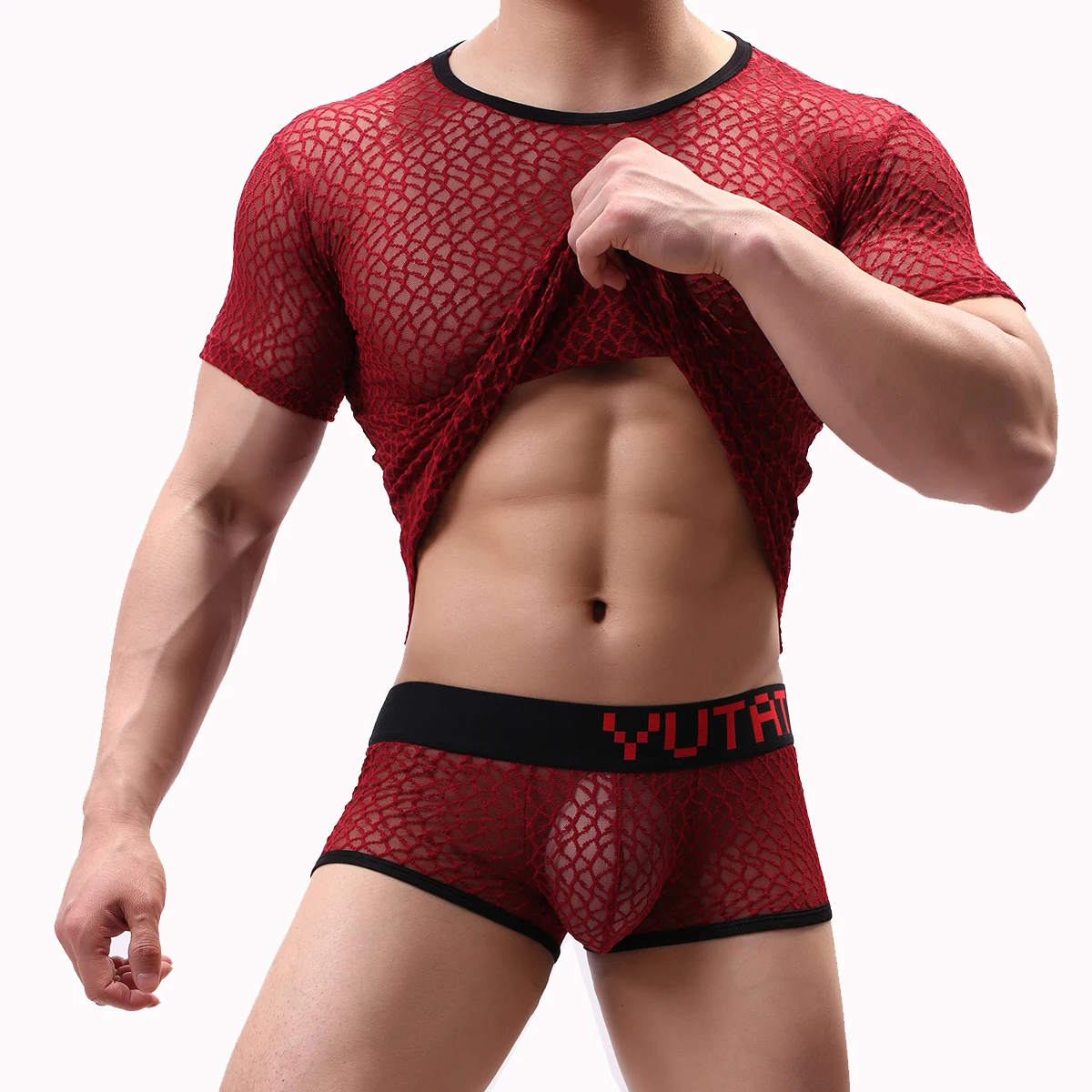 Camiseta de malha transparente para homens, camiseta de malha da moda, sexy, de manga curta, para boate e festas, para performance na rua