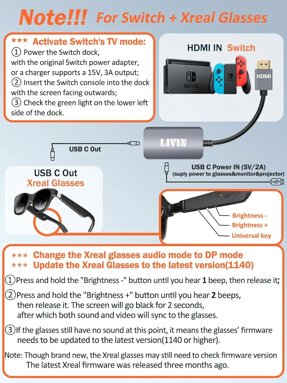 شاشة محمولة محول LIVIN HDMI إلى USB C، نظارات AR XREAL/VITURE/RayNeo/Rokid، 【4K@60 هرتز+PD Port】