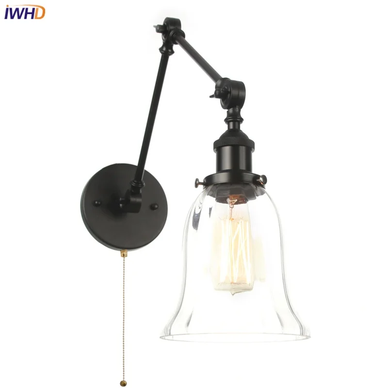 

IWHD Industrial LED Wall Lamp Balcony Dining Room Cafe Pull Chain Switch Bathroom Mirror Stair Light Clear Glass Vintage Lampara