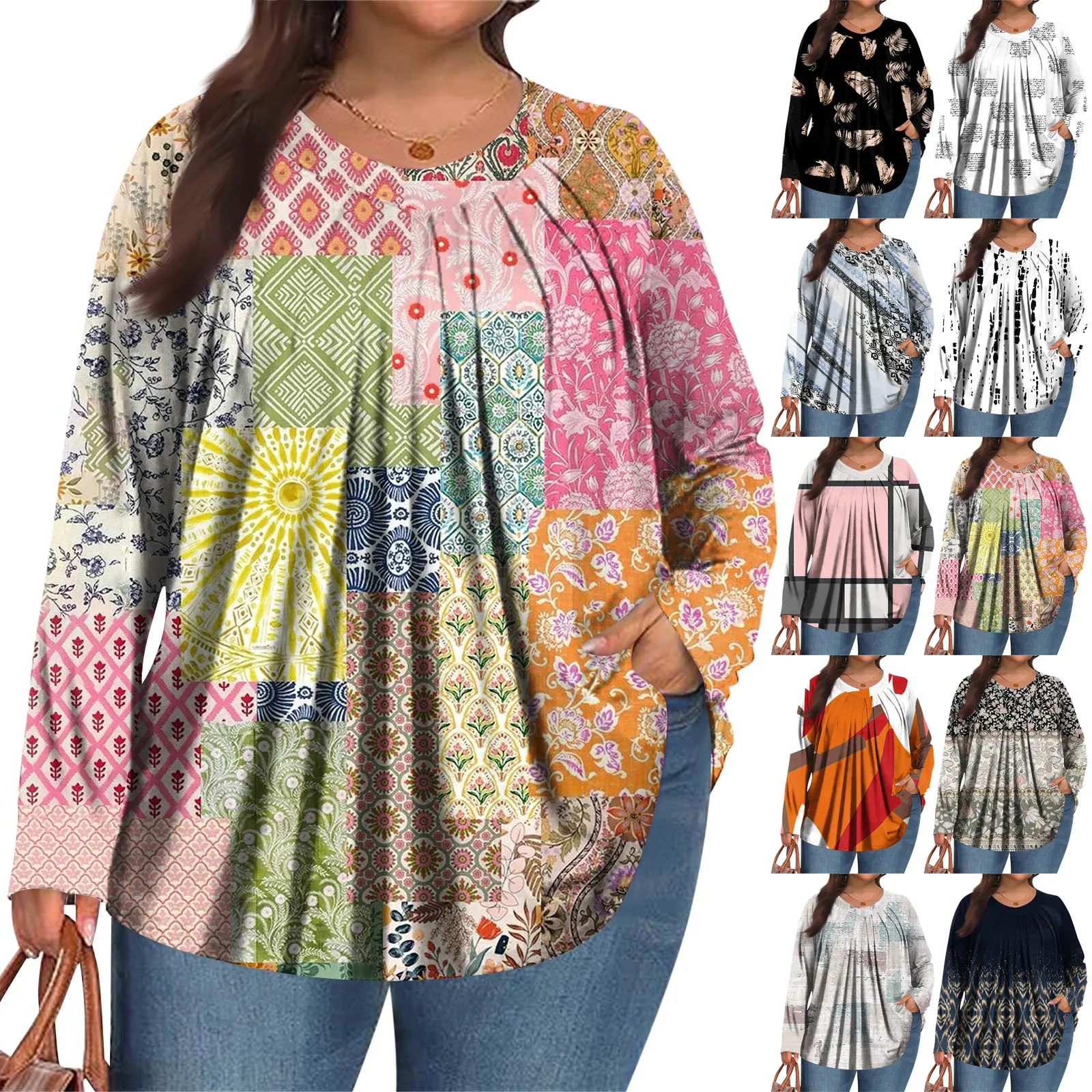 Plus Größe Langarm Top für Frauen Mode Retro Floral Print Plissee Rundhals T-shirt Weibliche Casual Herbst Basis Shirt