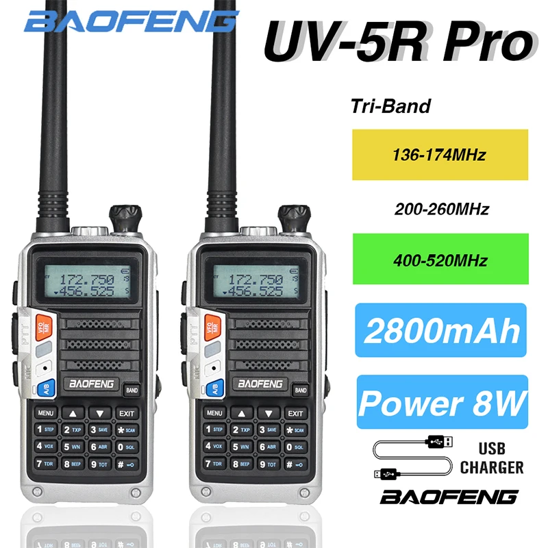 2Pcs Baofeng UV-5R Pro Radio Tri Band Two Way WALKIE TALKIE USB Fast Charge Amateur CB Long Range Ham Radios