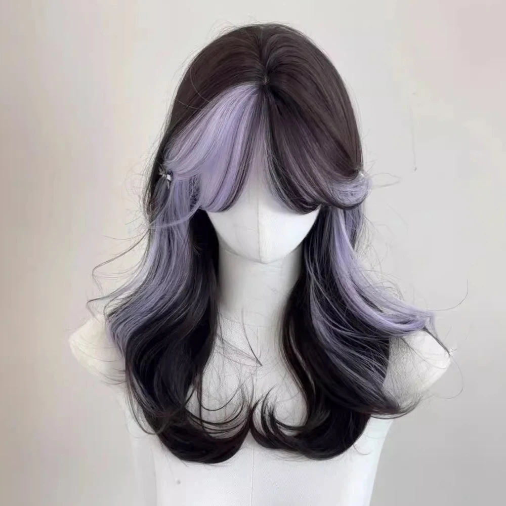 Short Wavy Purple Blue Black Highlights Synthetic Wig with Bangs Fluffy Lolita Cosplay Wig Heat Resistant for Daily Party