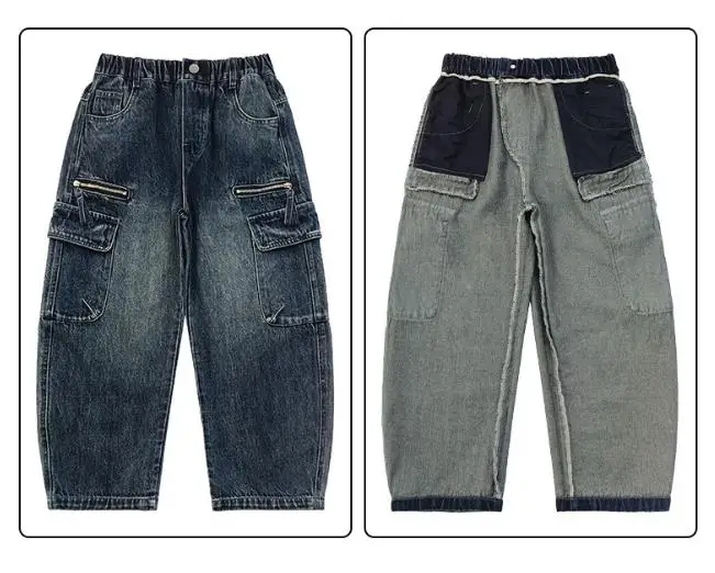 Teen Boys Denim Workwear Pants Spring Autumn Style Korean Version Cotton Soft Treatment Medium Waist Elastic Belt for Kids 4-14Y