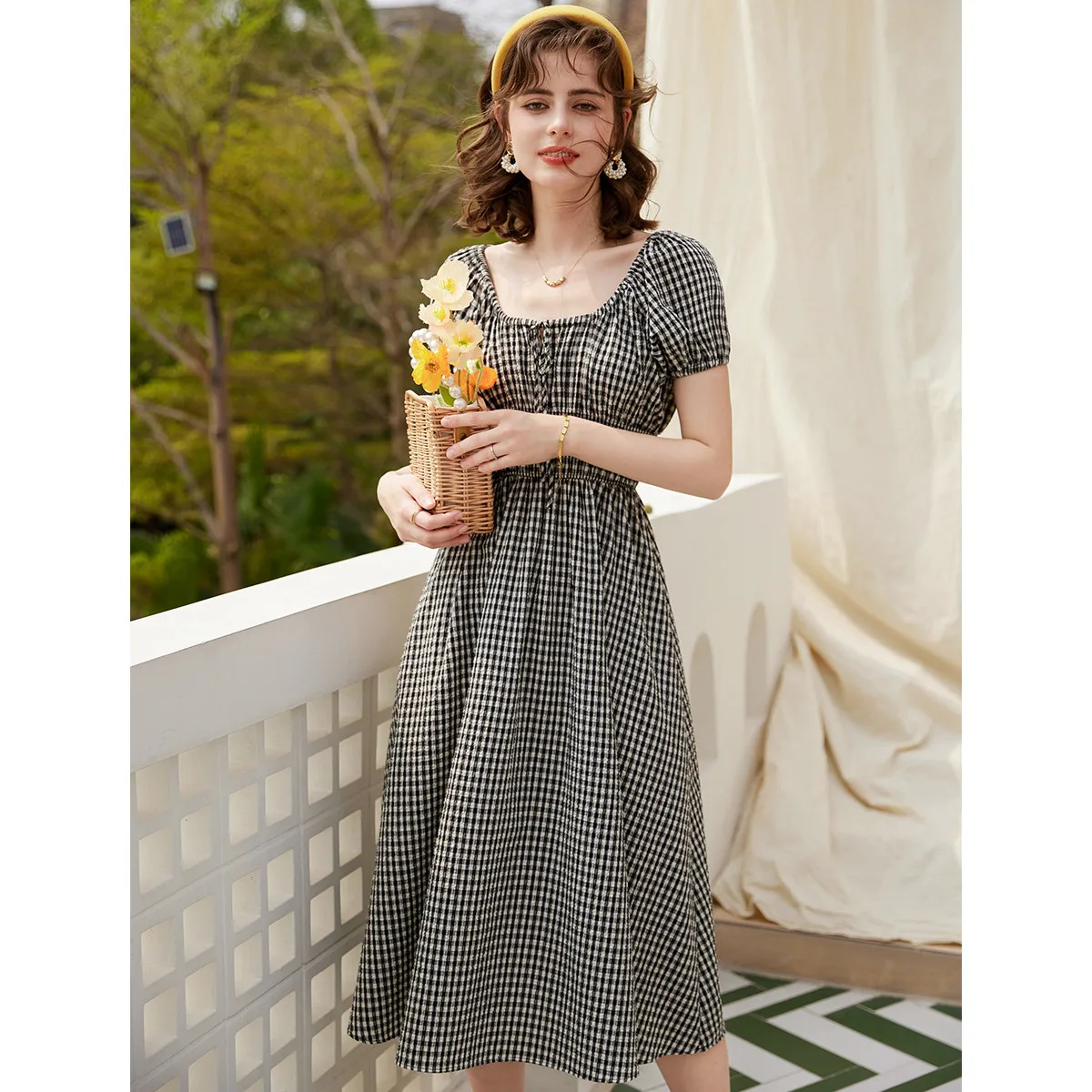 LOUIS YAO Plaid Puff Sleeve Dress French Style Square Neck Short Sleeve Check Dress 2024 Summer A-LINE Casual Long Dress