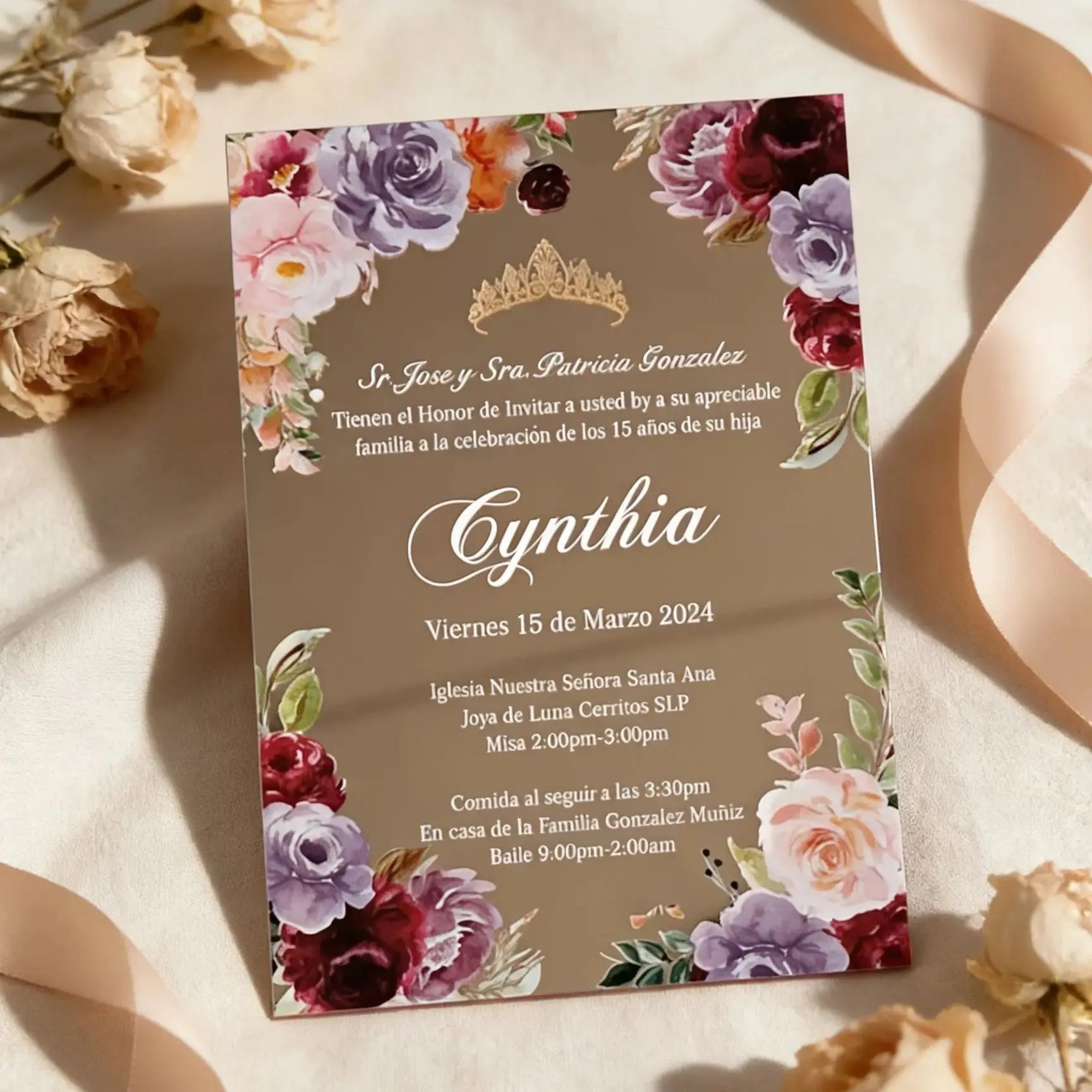 

10pcs Custom Mirror Rose Gold Acrylic Quinceanera Invitation,Gold Sweet Birthday Invitations Cards for Party Gift Decoration