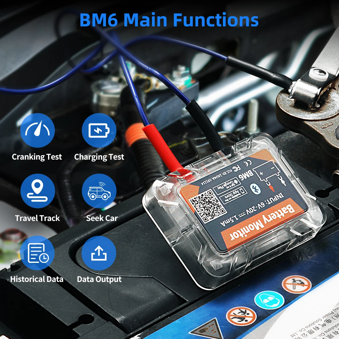 QUICKLYNKS BM6 Wireless Bluetooth 4.0 12V Battery Monitor Motorcycle Truck Car Battery Charging Cranking Tester Health Monitor