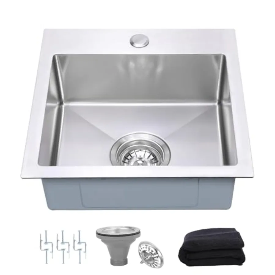 15 Inch Drop In Bar Sink 18-Gauge Small Kitchen Sink Stainless Steel with 3D Embossed Texture Single Bowl Square Design