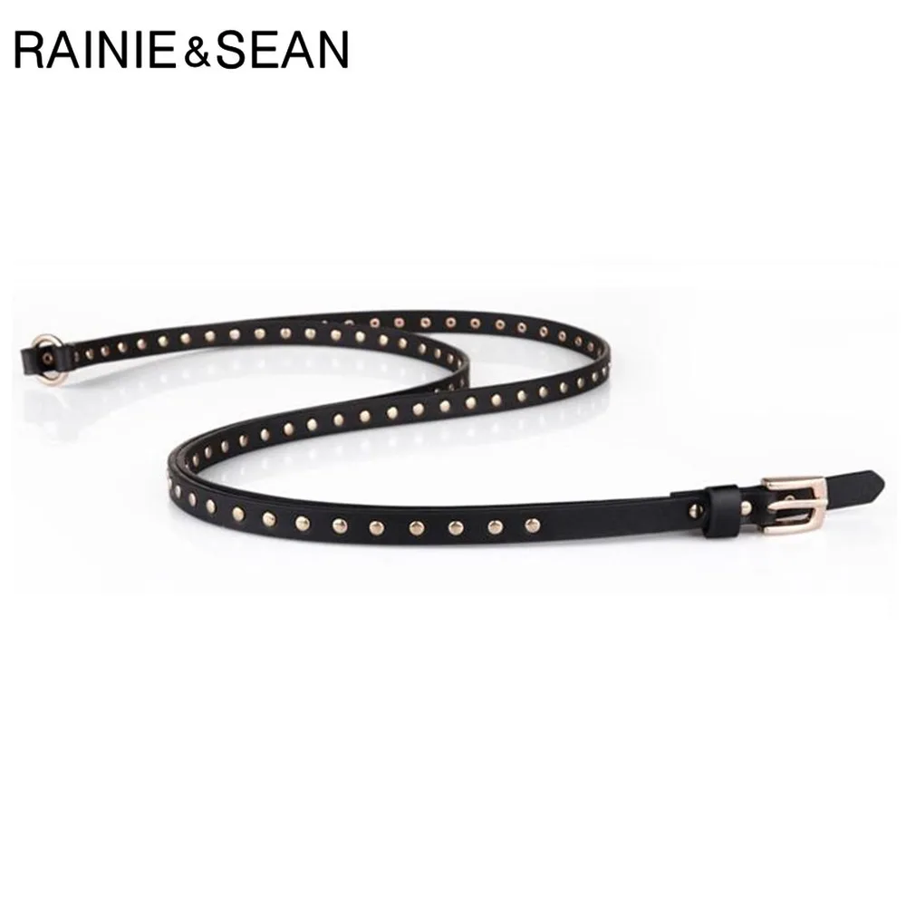 

RAINIE SEAN Black Punk Rock Belts for Women Golden Rivet Women Belt Thin Extra Long 190cm Ladies Pin Buckle Leather Belt
