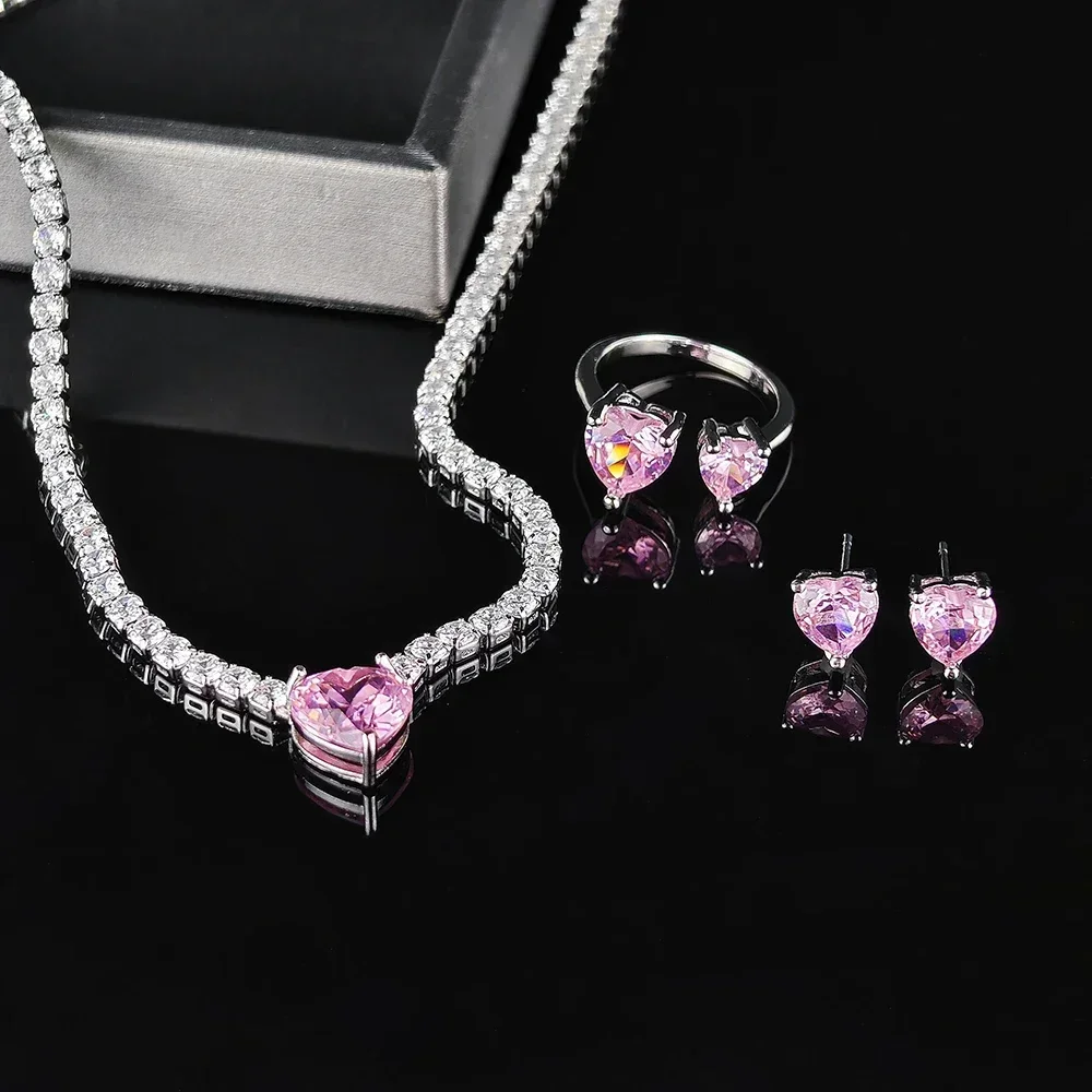 Moonso Luxury Pink Color Heart Jewelry Set for Women Lady Valentine's Day gift Jewelry Wholesale e4877-r8107-x8320