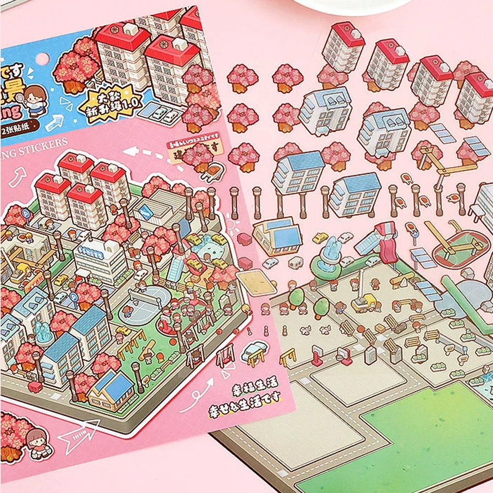 Plus Size Cartoon Town Landscape Sticker Leisure Time DIY 3D Pocket Cabin Scene Stickers Relieve Stress Gift for Kid Child