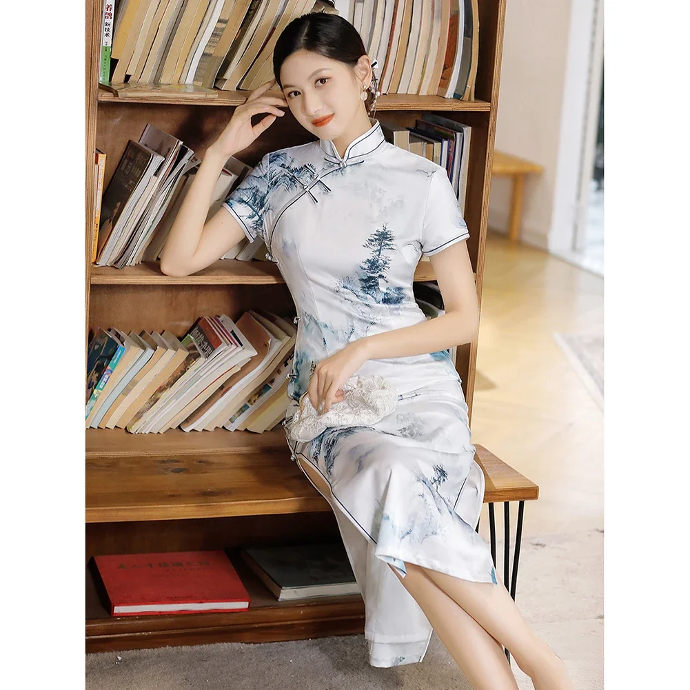 Vestuário de desempenho estilo chinês cheongsam banquete desempenho 2xl tecido fino durante toda a temporada usar padrão floral