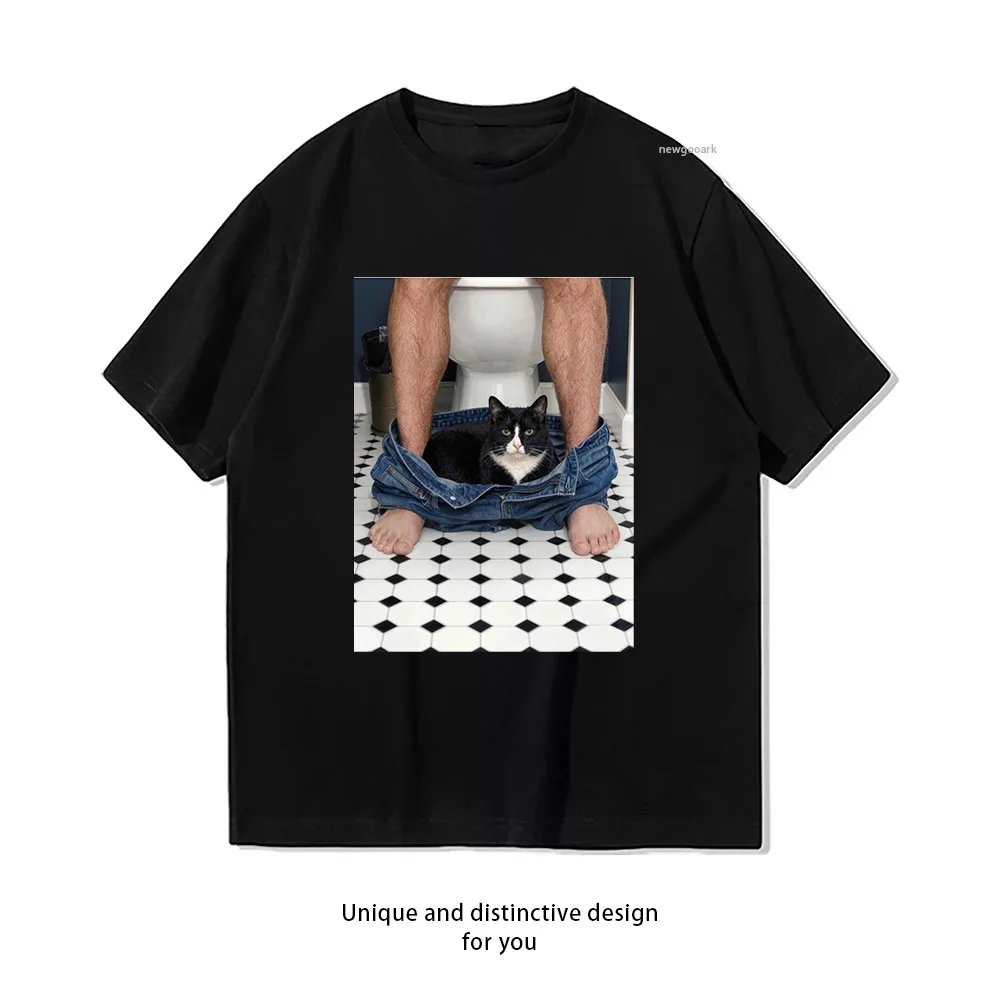 Cat Resting in a Man's Blue Jeans T-shirt Woman Man Casual Cotton Printed T Shirts Adult Streetwear Camisetas Tops