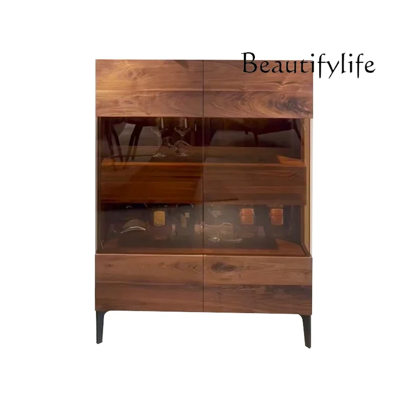 

Light luxury walnut solid wood dining side cabinet, living room storage wine cabinet, wall glass display designer models