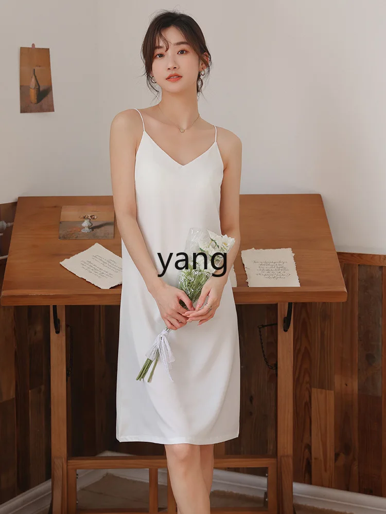 Yjq white lined skirt, suspender, bottom with chest pad, women's ice silk inner with long vest, dress, nightdress.