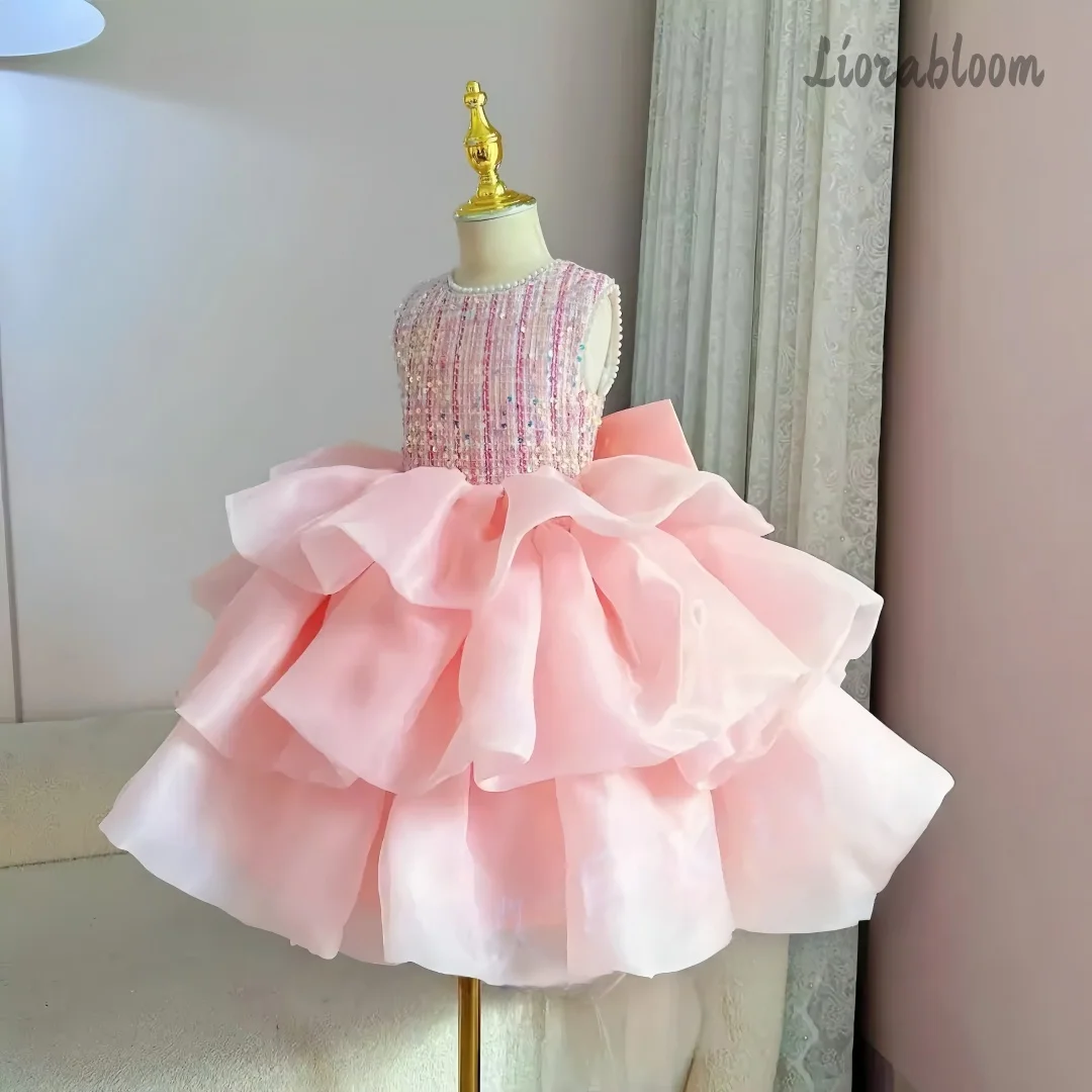 Pink Rhinestone Embellished Flower Girl Dress Short Puffy Formal Party Ball Gown for Little Girls view 3