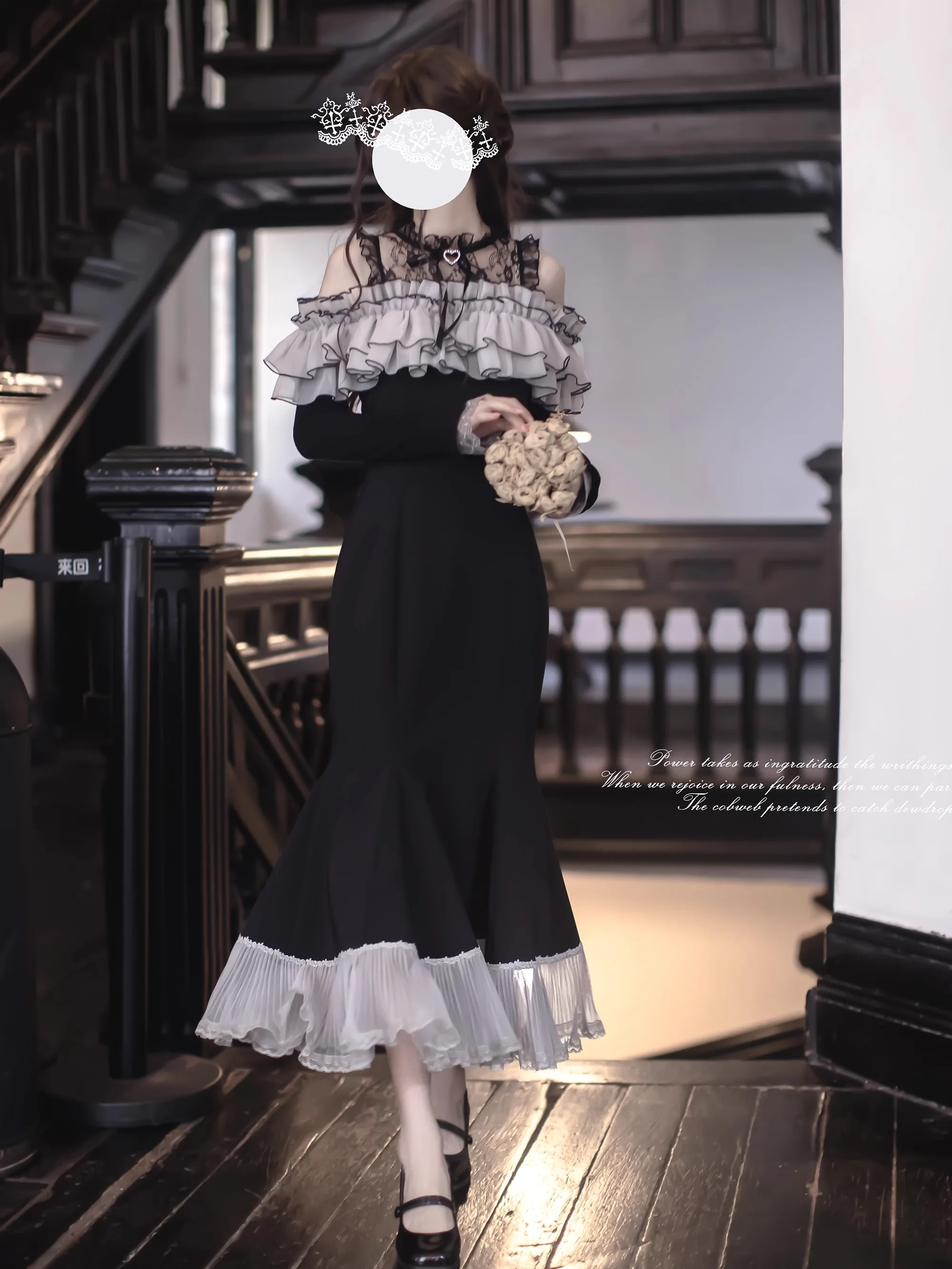 Japonês rojita estilo sc mina série rosa e preto vestidos babados em camadas borda de orelha de madeira vestido sereia lolita kawaii roupas