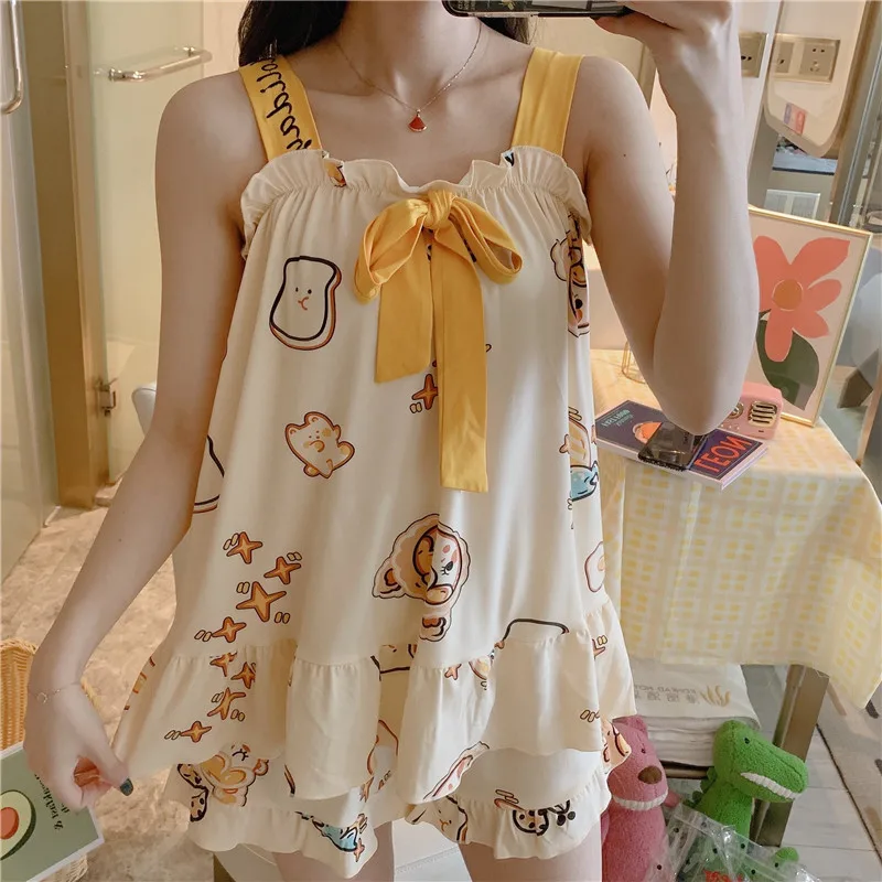 Korean Version Camisole Pajama Two-piece Set for Women Casual Cartoon Student Girl Bow Home Outfit