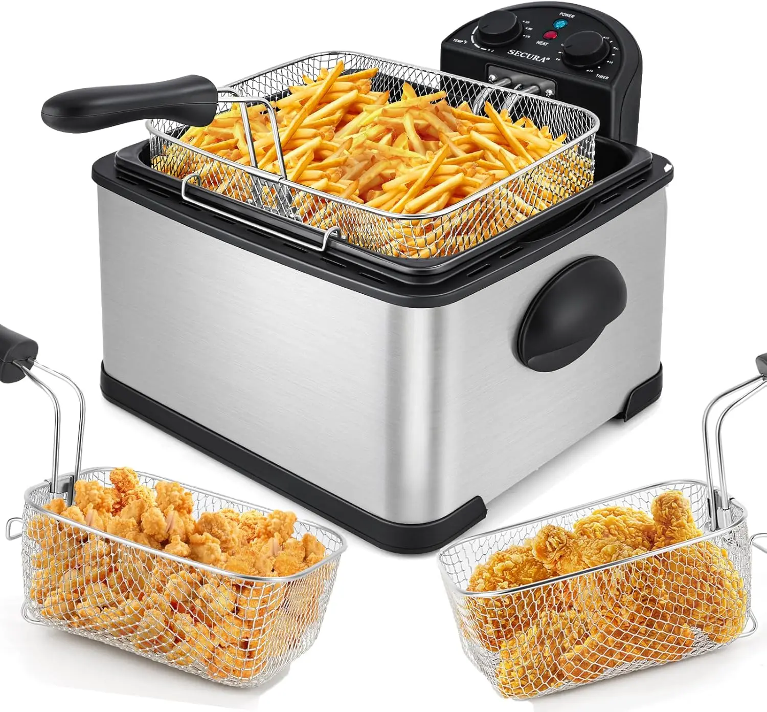 

4-Liter Stainless Steel Electric Deep Fryer with Timer, Triple Basket, 1700W, Silver