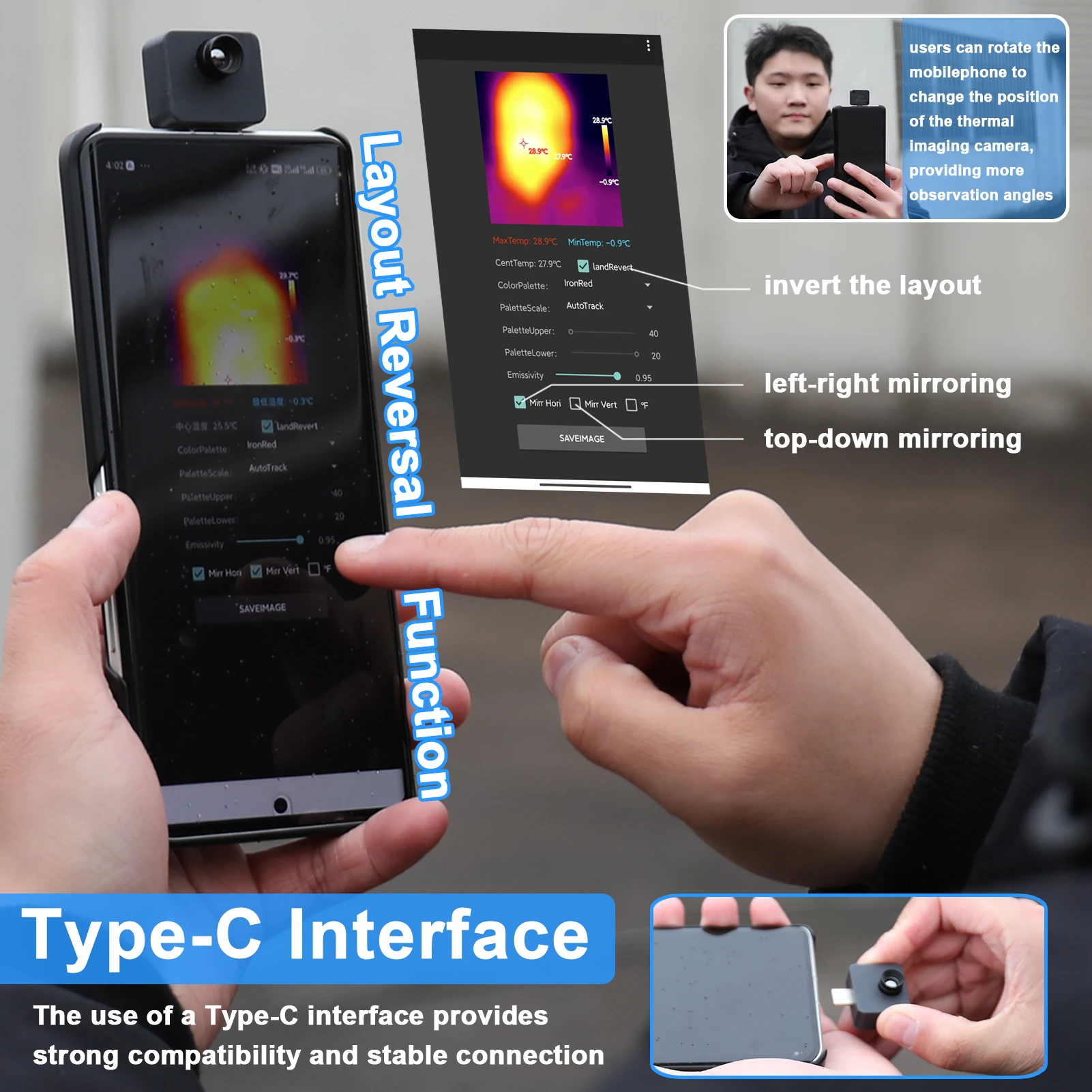 TIOP02 Mobilephone Thermal Imager -20℃ to 1000℃ Small Thermal Imaging Camera  Temperature Measurement 5 Color Palette Modes