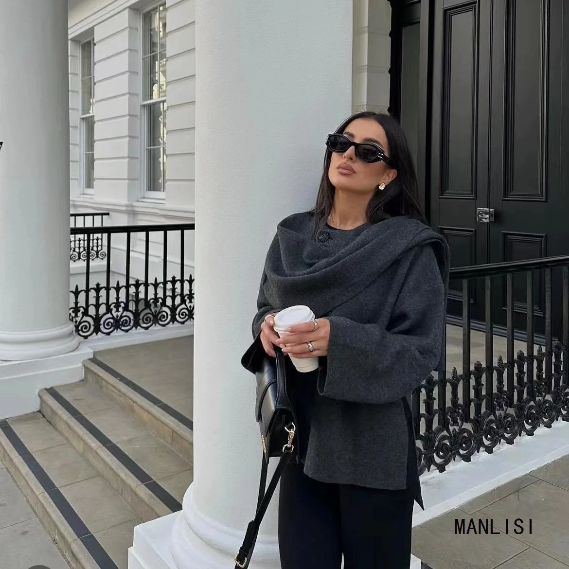 

Women's Fashion Cross-Border Style Korean Leisure Polyester Fiber Medium Thickness Long Sleeve Asymmetric Short Knitted Coat