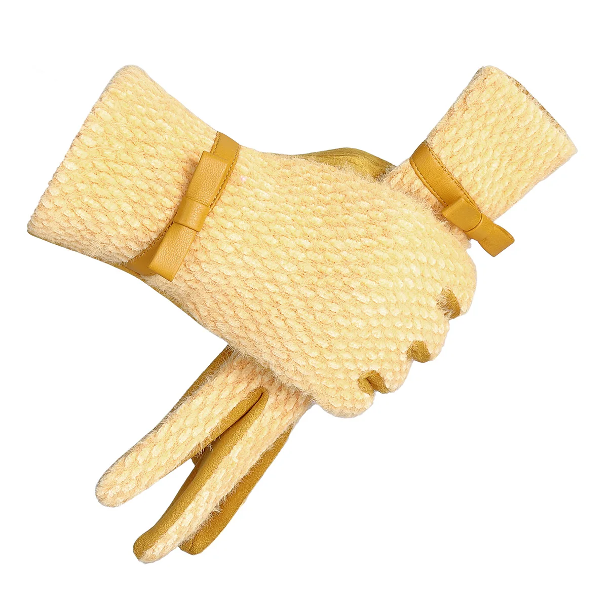 Windproof Fleece Lined Yellow Gloves with Bow Tie Winter Warm Full Fingers Cute Gloves Touchscreen Thicken Women's Mittens