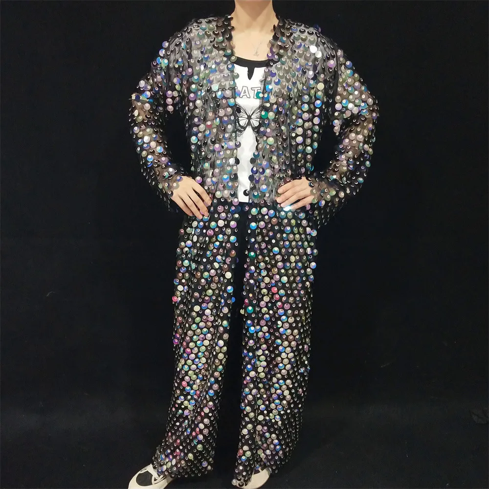 Sparkly Sequins Mesh Long Coat Carnival Party Model Walk Show Cloak Overcoat Performance Clothes Bar Nightclub Dance Costume