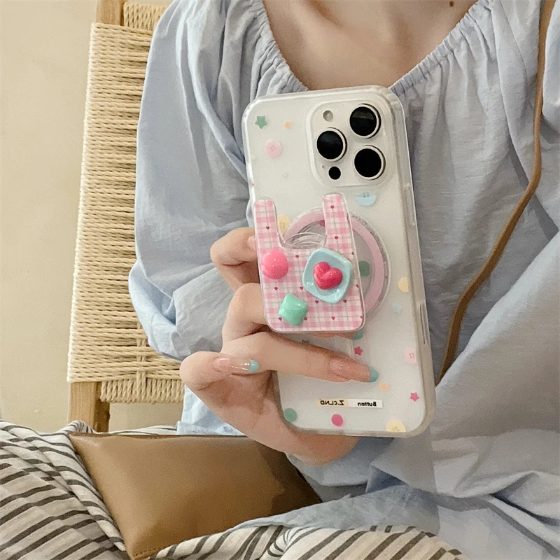 한국 컬러 스타 물방울 무늬 마그네틱 폰 케이스 아이폰 16 Pro 15 14 13 Pro Max 커버 (매그세이프 스탠드 홀더 포함) 귀여운 케이스 16