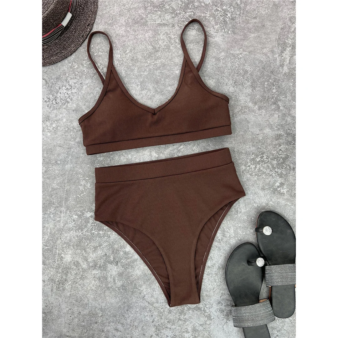 Neuer, gerippter, gepolsterter Bikini mit hoher Taille in 4 Farben, Damen-Badeanzug, zweiteiliges Bikini-Set, Badebekleidung, Badeanzug, Modell V3768. – Detail 21