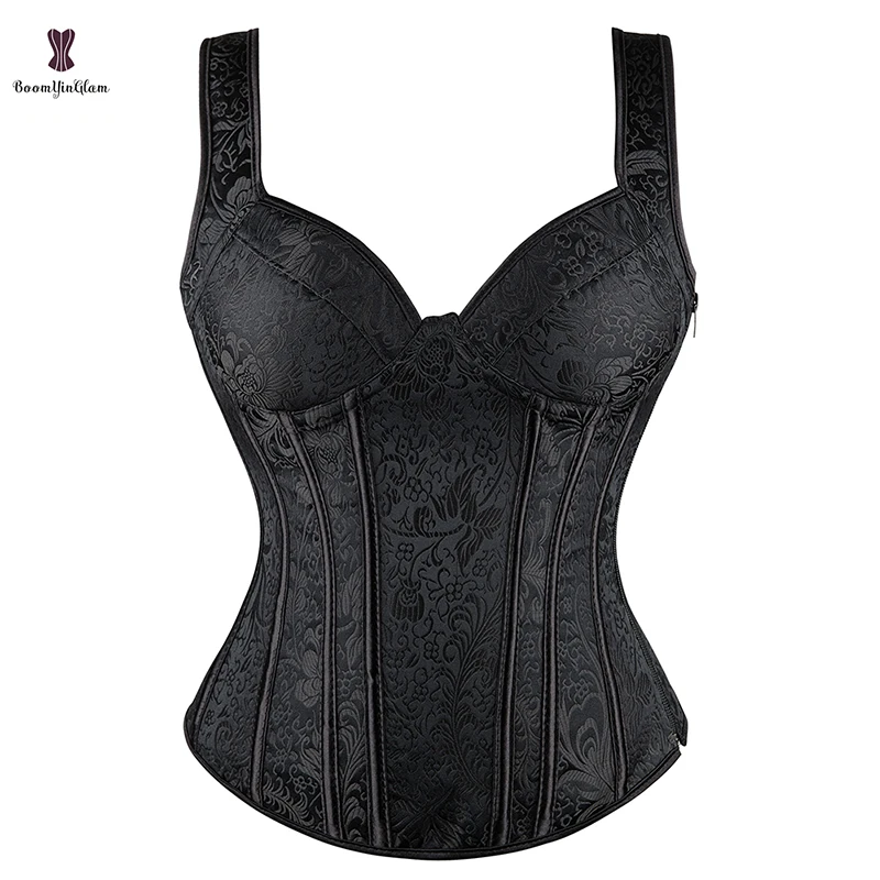 Should Strap Bodice Zip Chest Binder Bustier Lace Up Boned Corset Gothic Corselet Sexy Lingerie Korset Women Body Shapewear