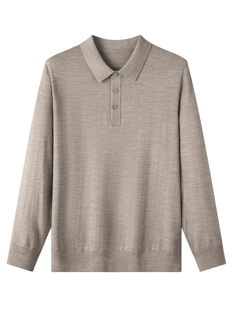 

Мужская шерстяная рубашка-поло с длинным рукавом, пуловер из 100% тонкой шерсти, мягкий трикотаж, элегантный повседневный топ для весны и осени