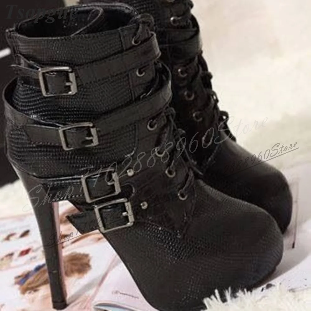 

Cross Tied Black Snake Skin Buckle Strap Boots Thin High Heel Women Shoes Back Zipper Pointed Toe 2024 Sexy Zapatos Para Mujere