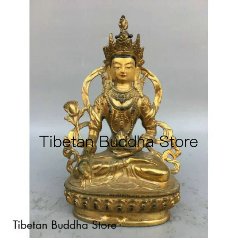 

Old Tibet Bronze Gilt Green Tara Mahayana Buddhism enlightenment Goddess Statue